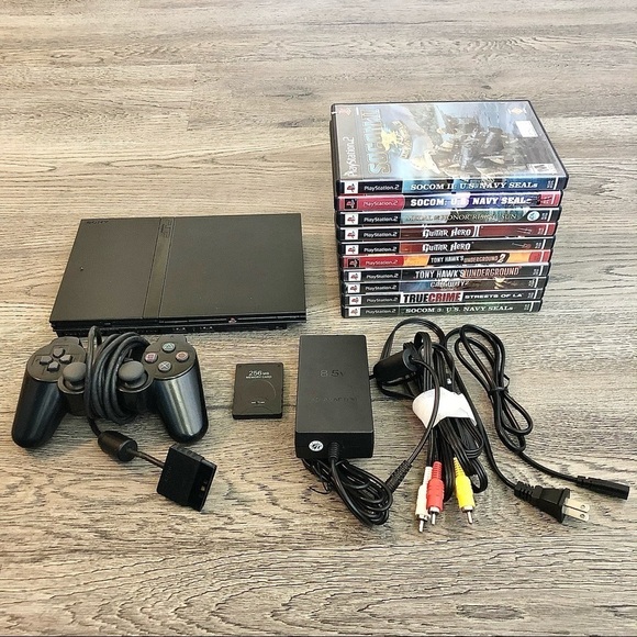 SONY - PlayStation 2 PS2 Slim Console System Bundle Black 10 Games Controller - Picture 1 of 9